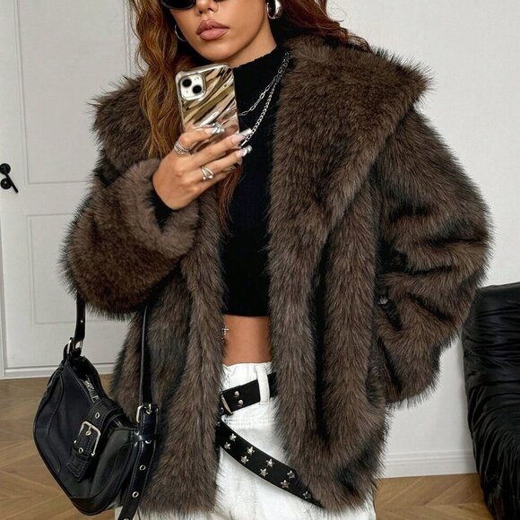 Brown Casual Women's Solid Color Long-Sleeved Open-Front Loose Faux Fur Coat - Picture 3 of 6